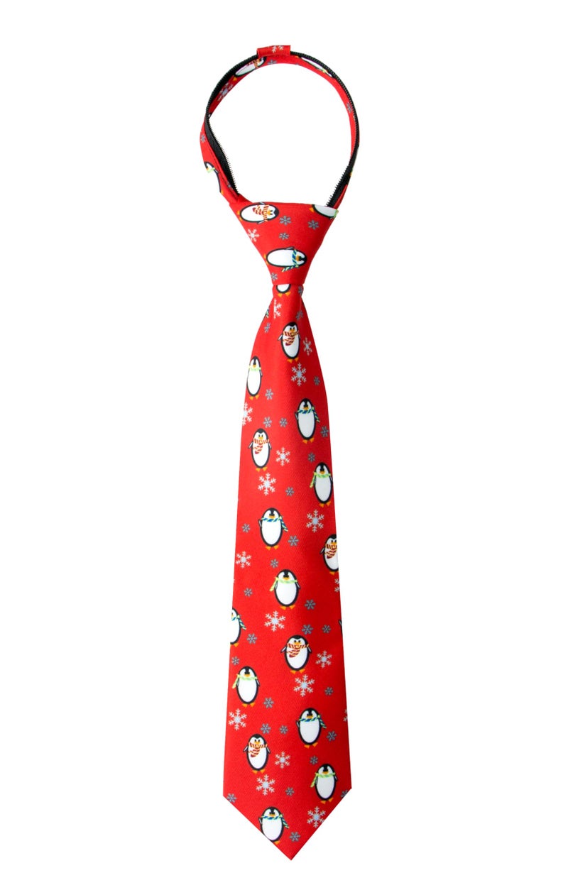 Spring Notion Boy's Printed Microfiber Christmas Theme Pretied Zipper Tie, Large Round Penguins - Image 1